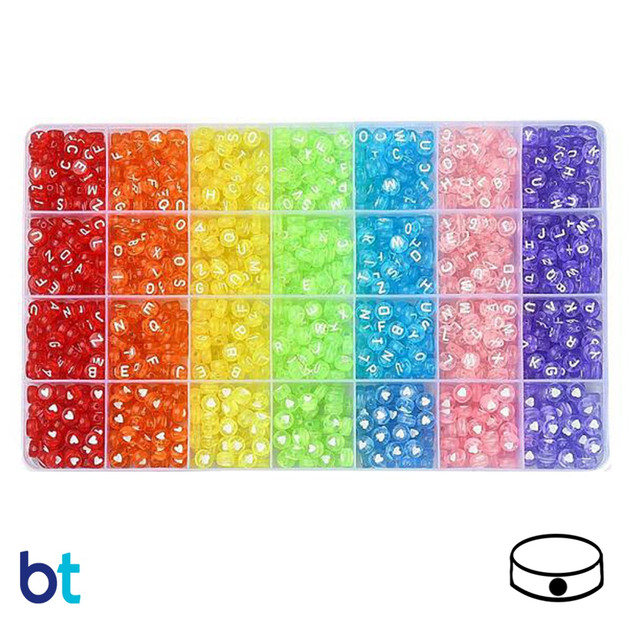 BeadTin Mixed Transparent 7mm Coin Alpha Beads - White Letters (Box Set)